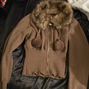 brown y2k knit zip up with fur neck